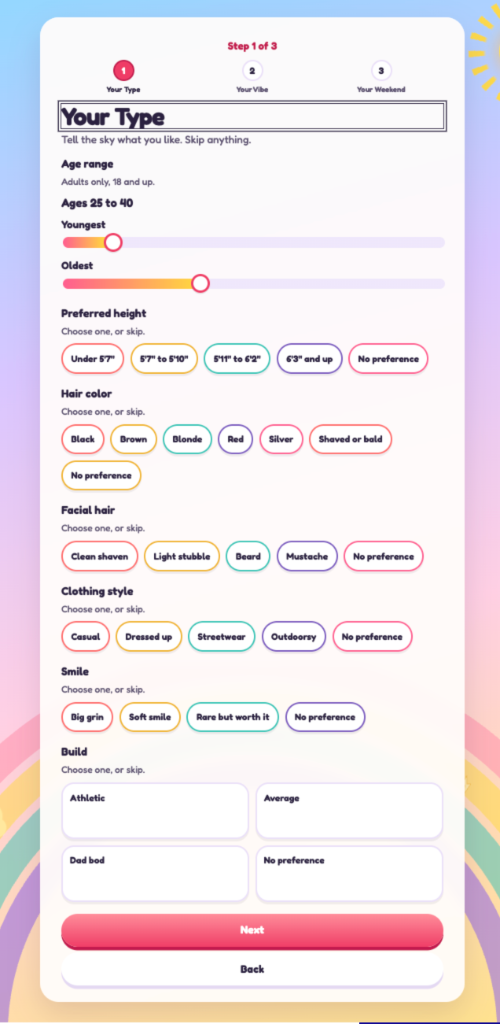 The first quiz step, about their type and the life around their perfect person.